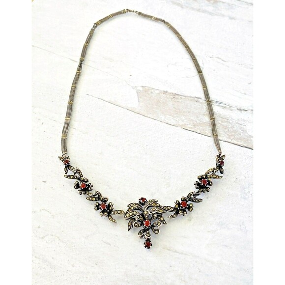 Gorgeous Sterling Silver Marcasite Garnet Necklace 20 In Long January Birthstone - Picture 1 of 16